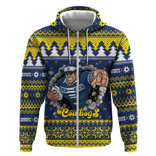 Merry Queensland Cowboys Personalised Zip Hoodie Christmas Rugby League Spirit - Aussie Hoodie