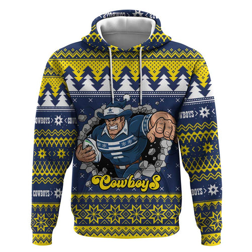 Merry Queensland Cowboys Personalised Zip Hoodie Christmas Rugby League Spirit - Aussie Hoodie