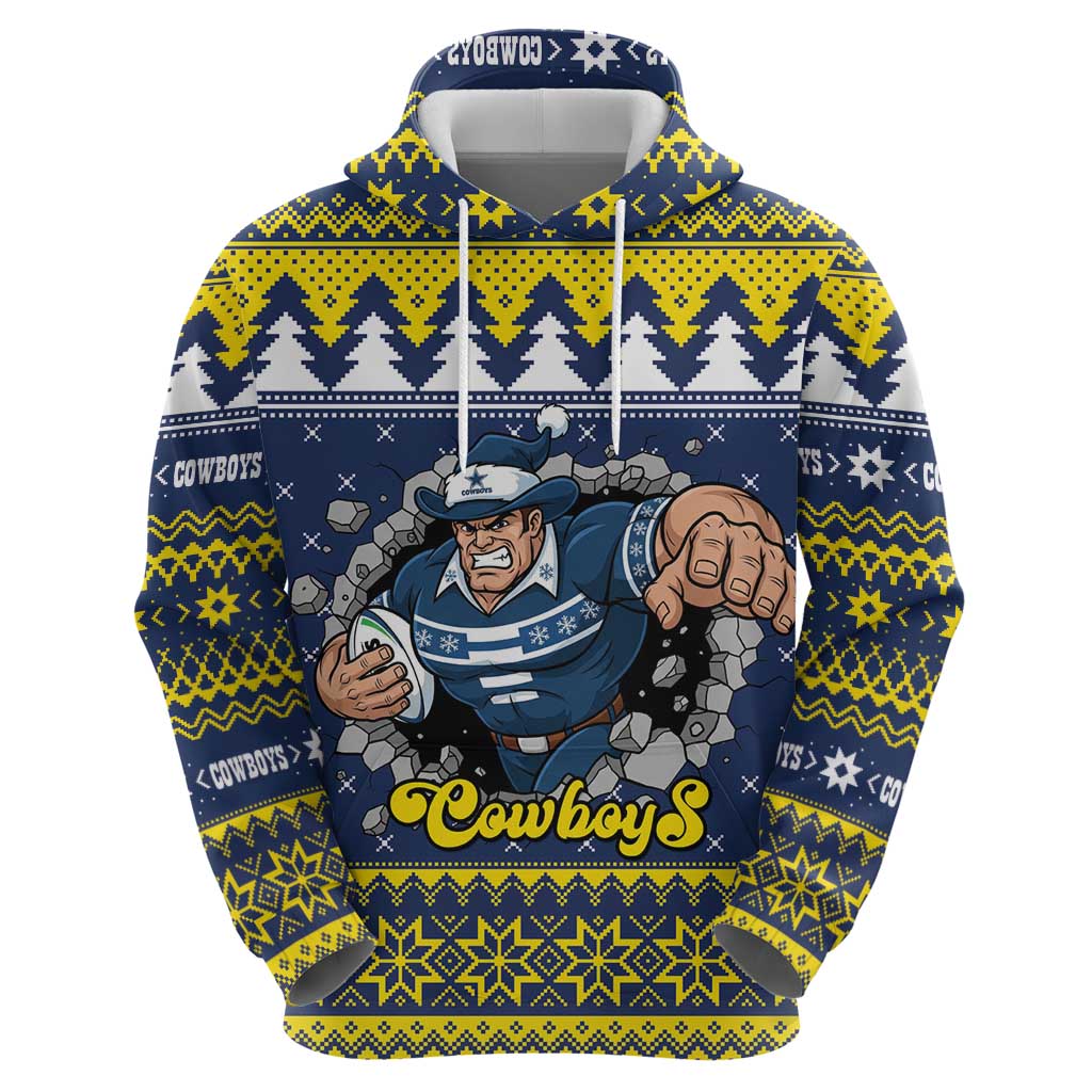 Merry Queensland Cowboys Personalised Zip Hoodie Christmas Rugby League Spirit - Aussie Hoodie