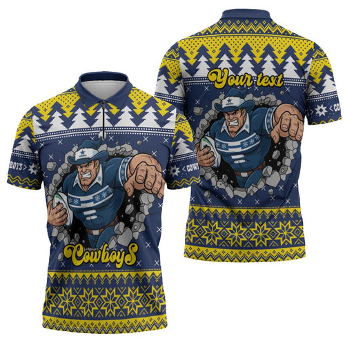Merry Queensland Cowboys Personalised Zipper Polo Shirt Christmas Rugby League Spirit - Aussie Hoodie