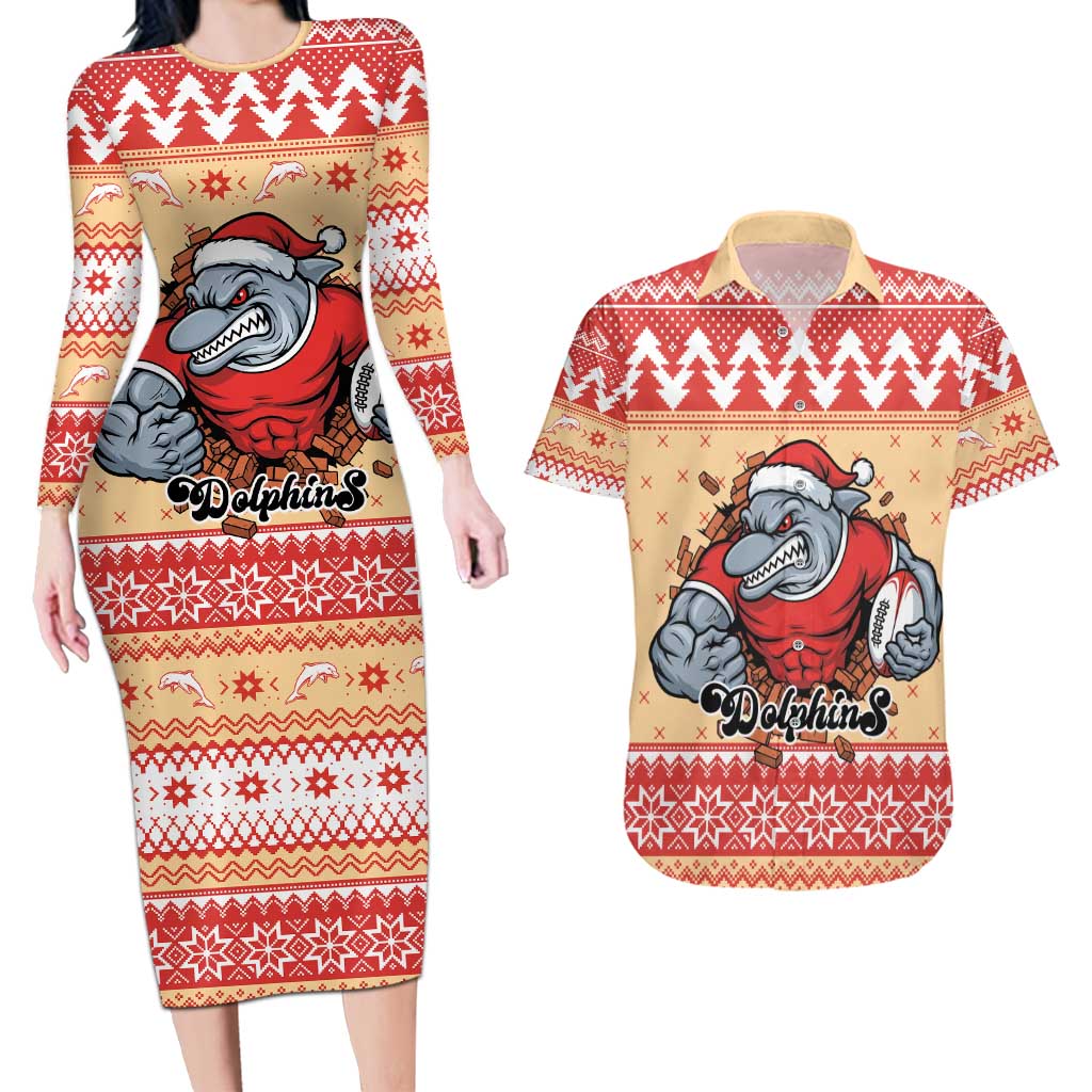 Redcliffe Strong Dolphins Personalised Couples Matching Long Sleeve Bodycon Dress and Hawaiian Shirt Christmas Rugby League Spirit - Aussie Hoodie