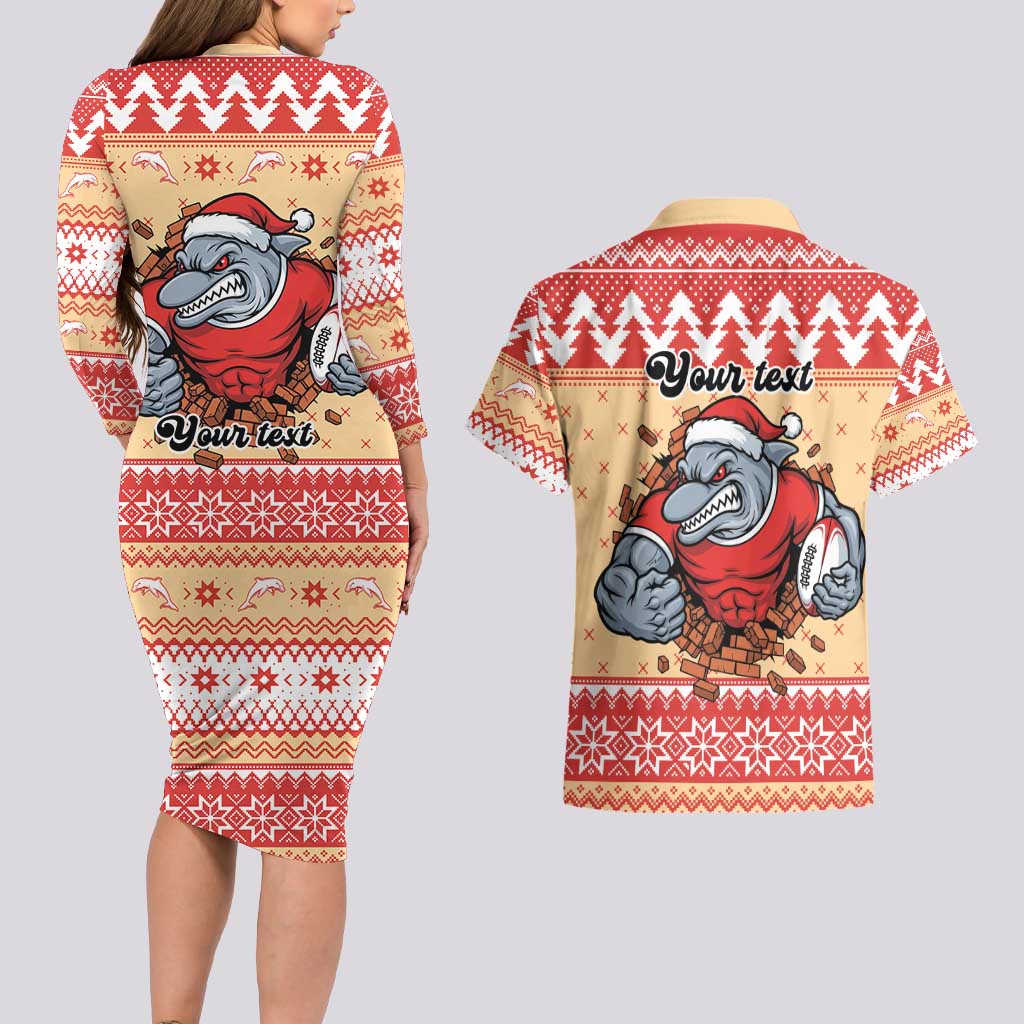 Redcliffe Strong Dolphins Personalised Couples Matching Long Sleeve Bodycon Dress and Hawaiian Shirt Christmas Rugby League Spirit - Aussie Hoodie