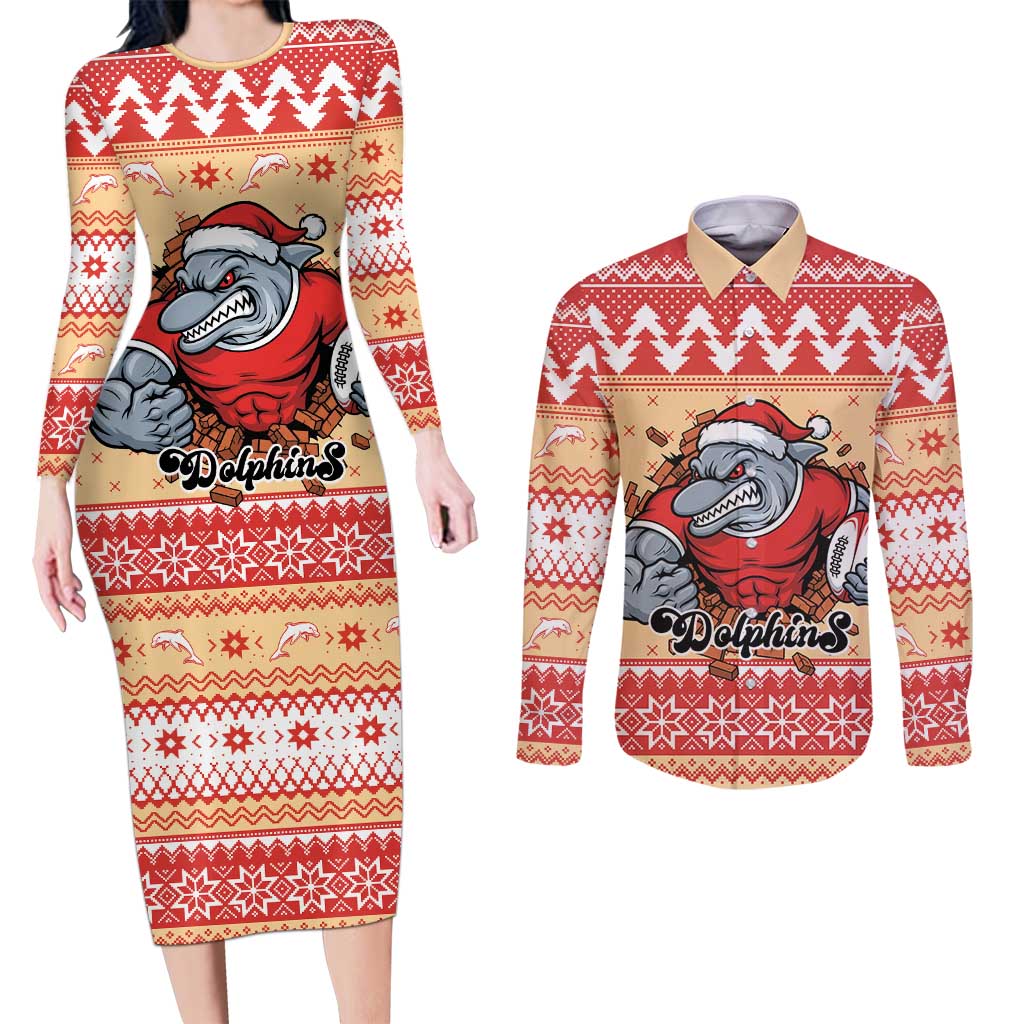 Redcliffe Strong Dolphins Personalised Couples Matching Long Sleeve Bodycon Dress and Long Sleeve Button Shirt Christmas Rugby League Spirit - Aussie Hoodie