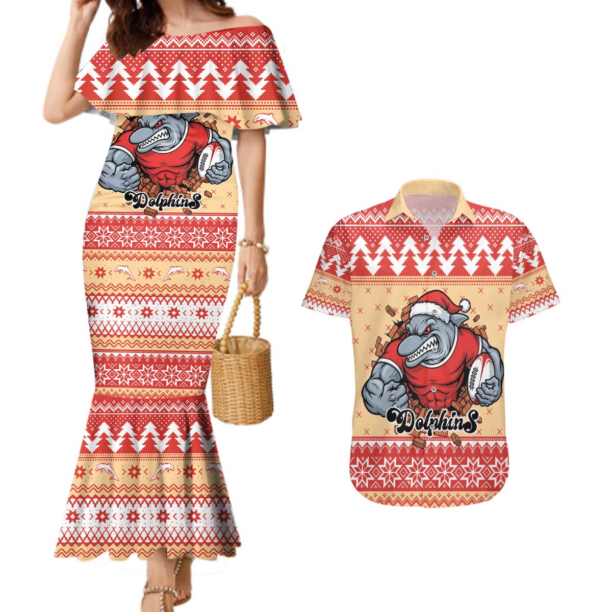 Redcliffe Strong Dolphins Personalised Couples Matching Mermaid Dress and Hawaiian Shirt Christmas Rugby League Spirit - Aussie Hoodie