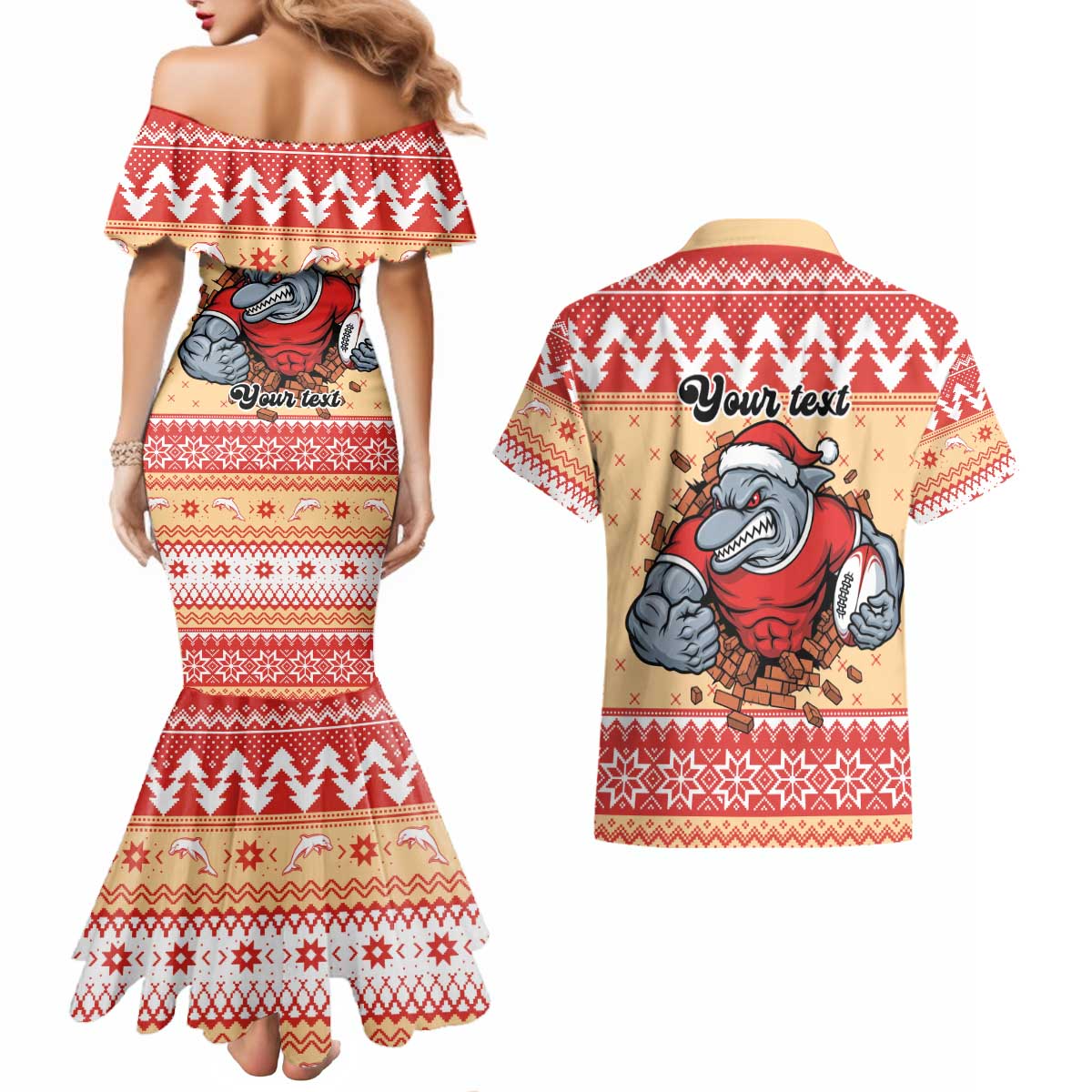 Redcliffe Strong Dolphins Personalised Couples Matching Mermaid Dress and Hawaiian Shirt Christmas Rugby League Spirit - Aussie Hoodie