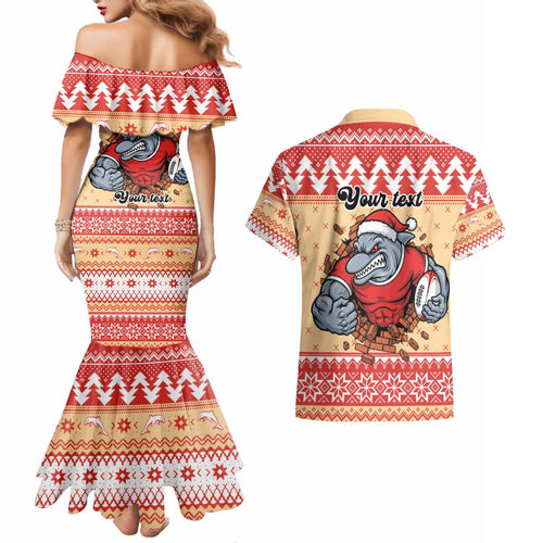 Redcliffe Strong Dolphins Personalised Couples Matching Mermaid Dress and Hawaiian Shirt Christmas Rugby League Spirit - Aussie Hoodie