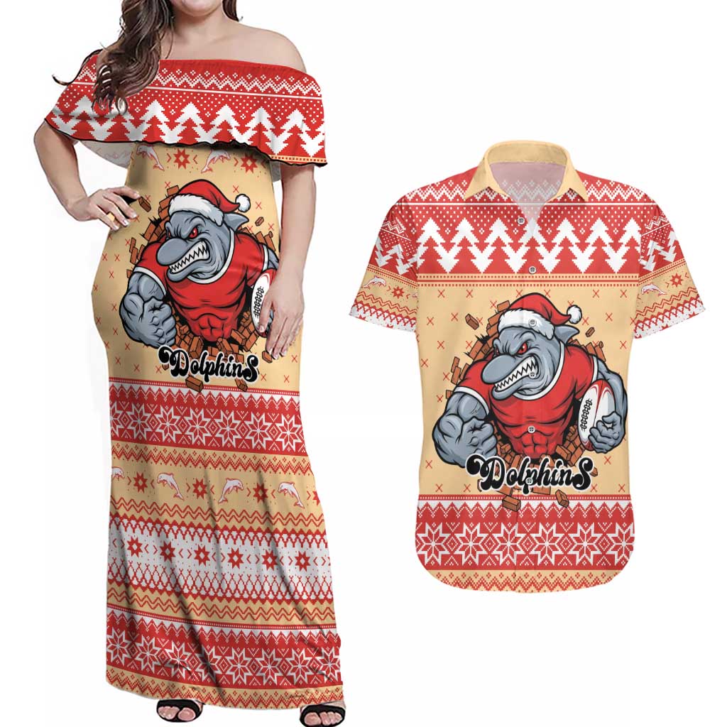 Redcliffe Strong Dolphins Personalised Couples Matching Off Shoulder Maxi Dress and Hawaiian Shirt Christmas Rugby League Spirit - Aussie Hoodie