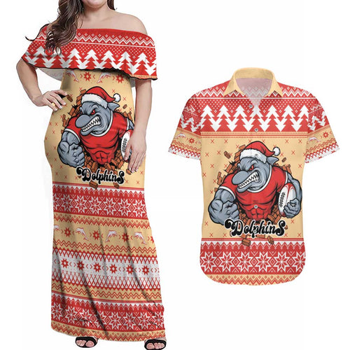 Redcliffe Strong Dolphins Personalised Couples Matching Off Shoulder Maxi Dress and Hawaiian Shirt Christmas Rugby League Spirit - Aussie Hoodie
