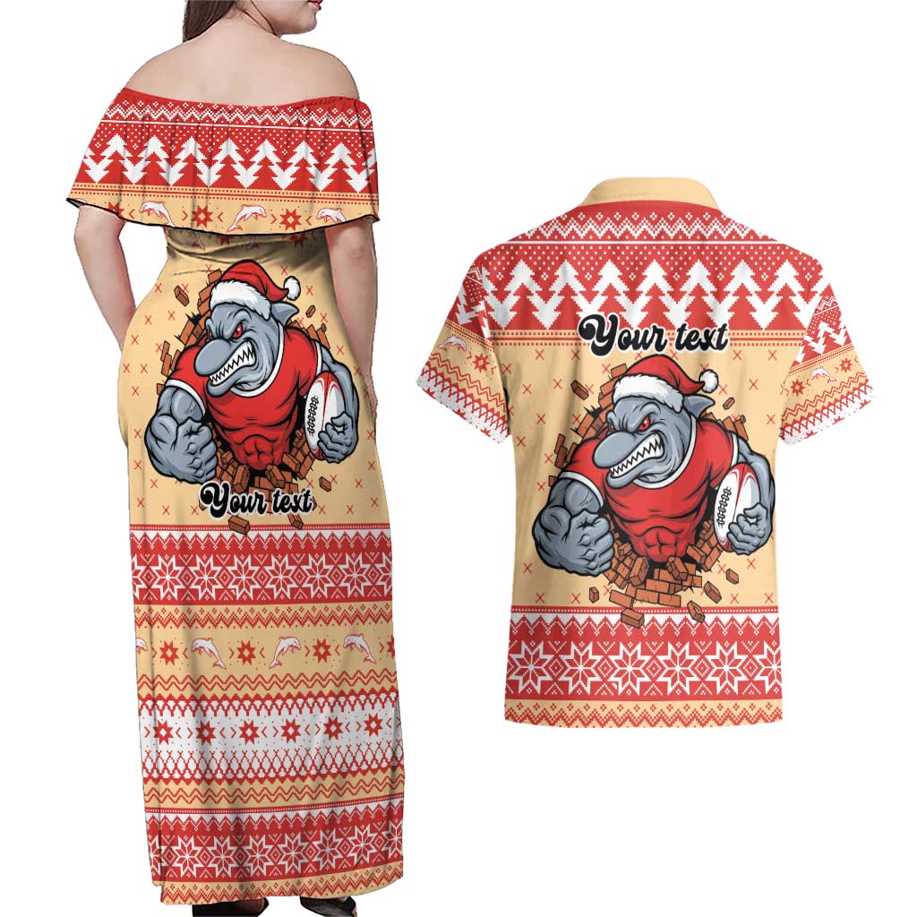 Redcliffe Strong Dolphins Personalised Couples Matching Off Shoulder Maxi Dress and Hawaiian Shirt Christmas Rugby League Spirit - Aussie Hoodie