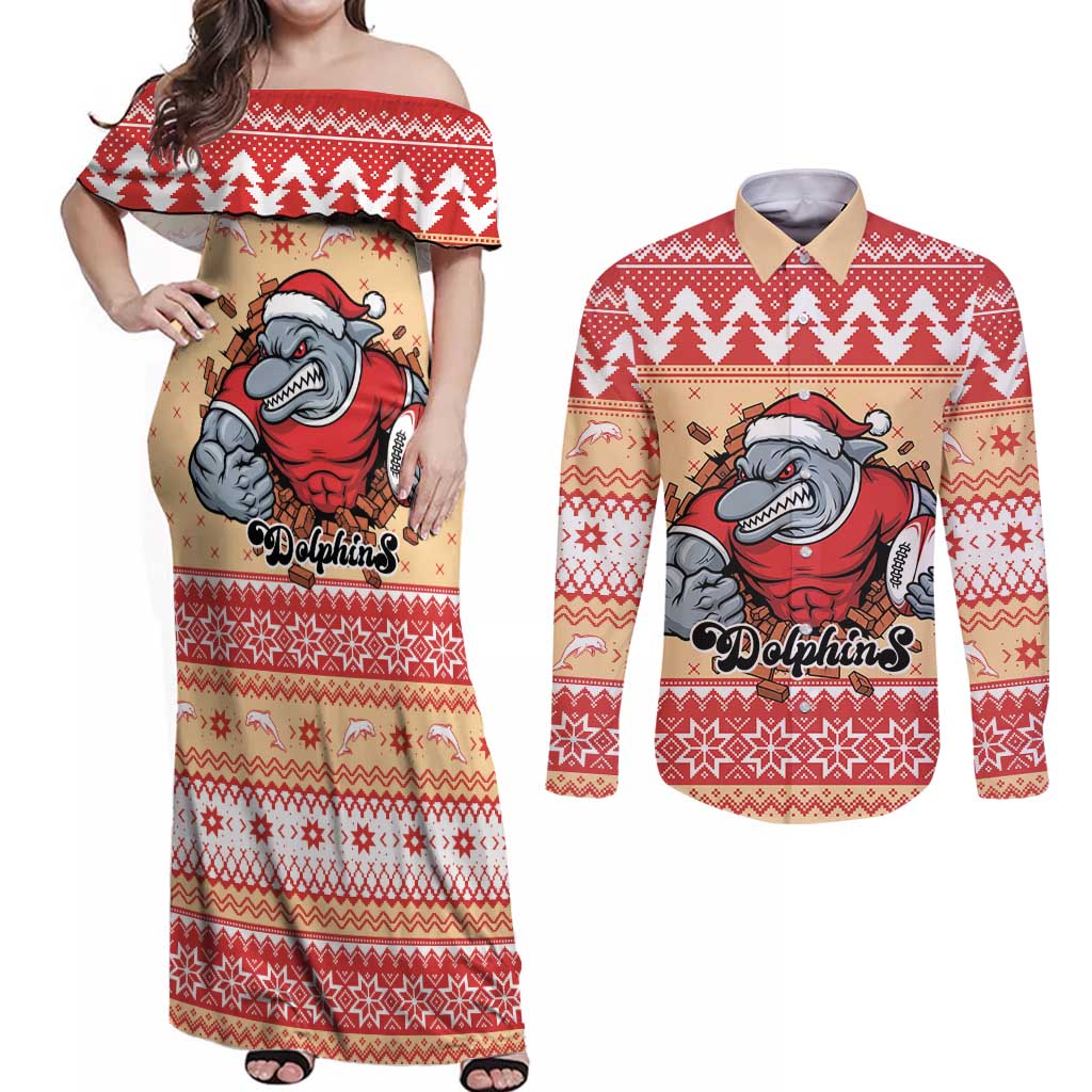 Redcliffe Strong Dolphins Personalised Couples Matching Off Shoulder Maxi Dress and Long Sleeve Button Shirt Christmas Rugby League Spirit - Aussie Hoodie