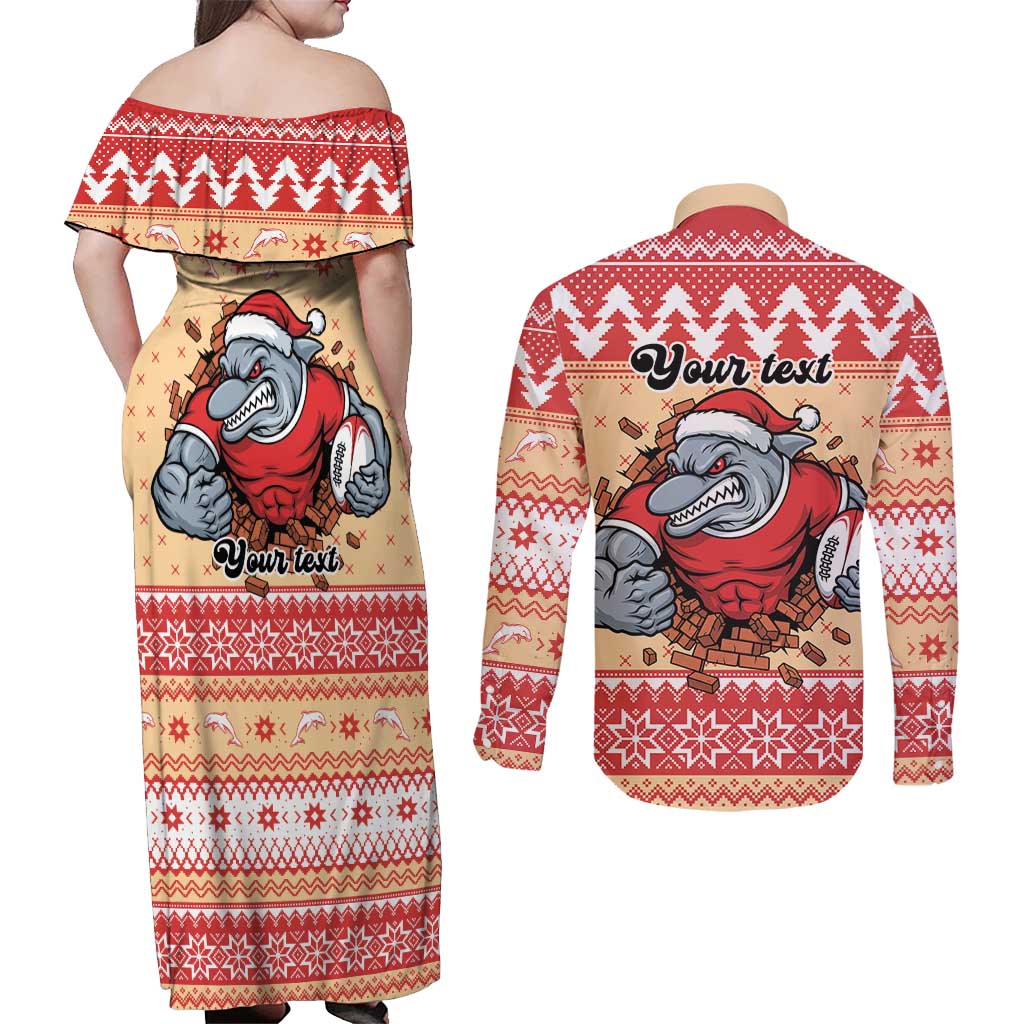Redcliffe Strong Dolphins Personalised Couples Matching Off Shoulder Maxi Dress and Long Sleeve Button Shirt Christmas Rugby League Spirit - Aussie Hoodie