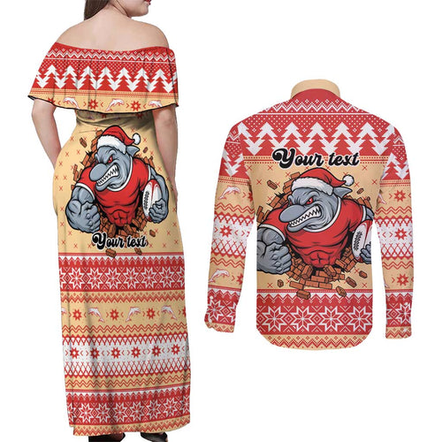 Redcliffe Strong Dolphins Personalised Couples Matching Off Shoulder Maxi Dress and Long Sleeve Button Shirt Christmas Rugby League Spirit - Aussie Hoodie
