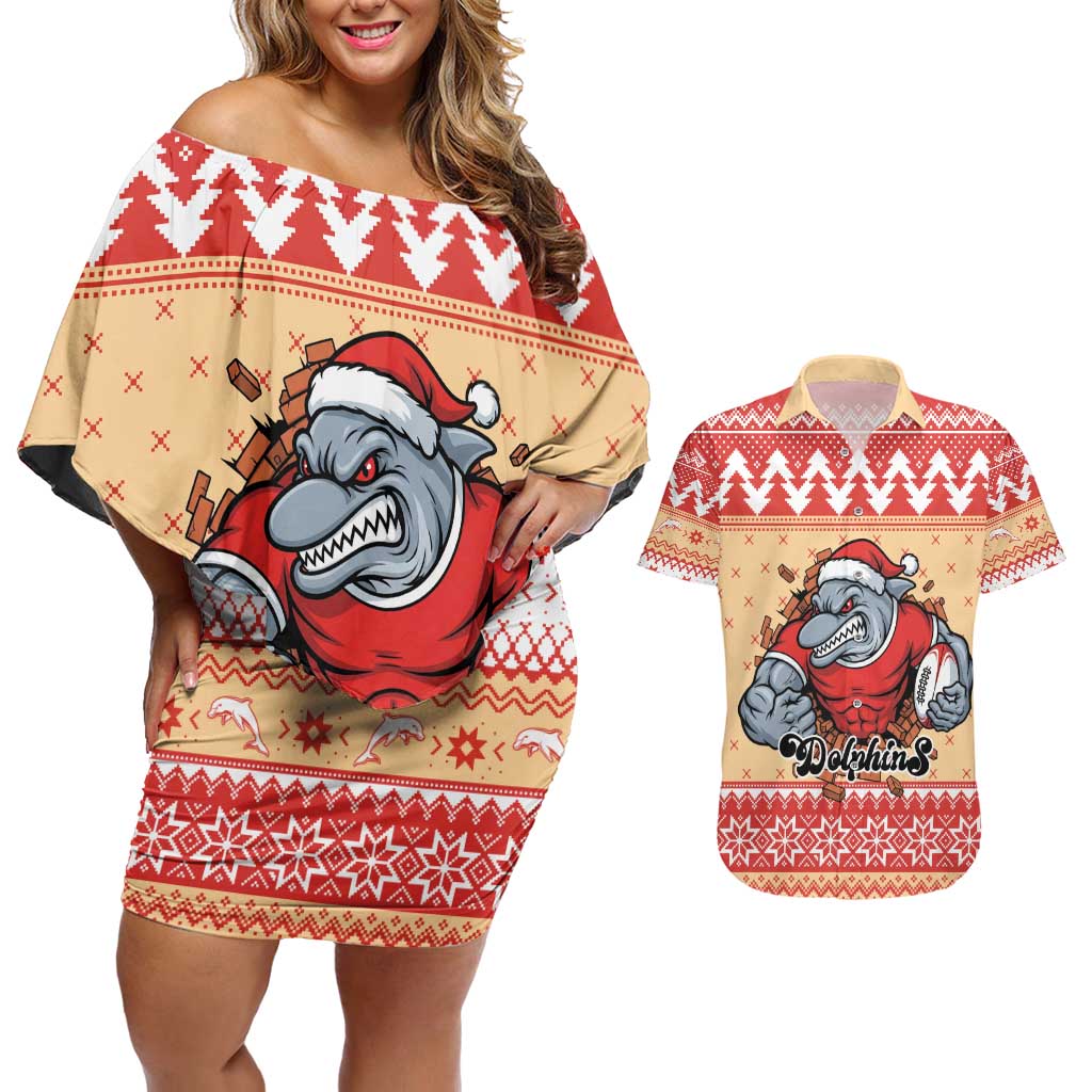 Redcliffe Strong Dolphins Personalised Couples Matching Off Shoulder Short Dress and Hawaiian Shirt Christmas Rugby League Spirit - Aussie Hoodie