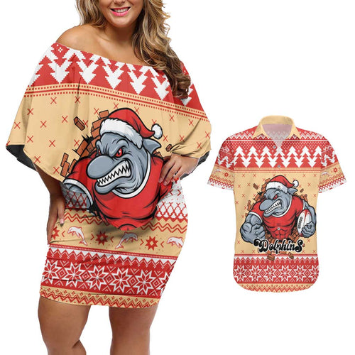 Redcliffe Strong Dolphins Personalised Couples Matching Off Shoulder Short Dress and Hawaiian Shirt Christmas Rugby League Spirit - Aussie Hoodie