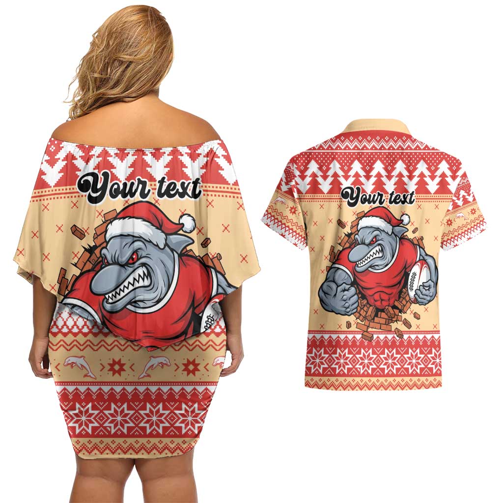 Redcliffe Strong Dolphins Personalised Couples Matching Off Shoulder Short Dress and Hawaiian Shirt Christmas Rugby League Spirit - Aussie Hoodie