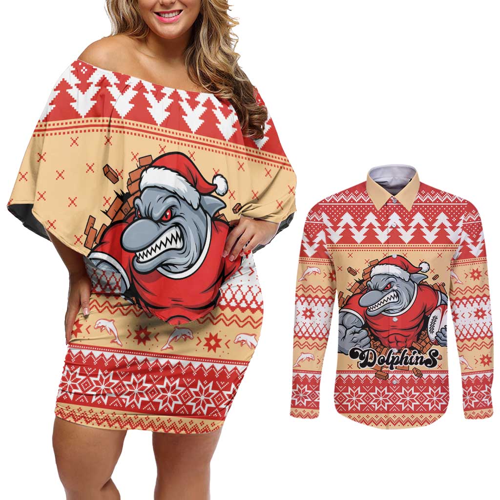 Redcliffe Strong Dolphins Personalised Couples Matching Off Shoulder Short Dress and Long Sleeve Button Shirt Christmas Rugby League Spirit - Aussie Hoodie