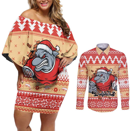 Redcliffe Strong Dolphins Personalised Couples Matching Off Shoulder Short Dress and Long Sleeve Button Shirt Christmas Rugby League Spirit - Aussie Hoodie