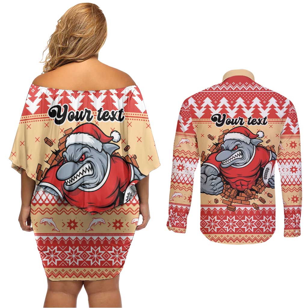 Redcliffe Strong Dolphins Personalised Couples Matching Off Shoulder Short Dress and Long Sleeve Button Shirt Christmas Rugby League Spirit - Aussie Hoodie