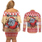 Redcliffe Strong Dolphins Personalised Couples Matching Off Shoulder Short Dress and Long Sleeve Button Shirt Christmas Rugby League Spirit - Aussie Hoodie