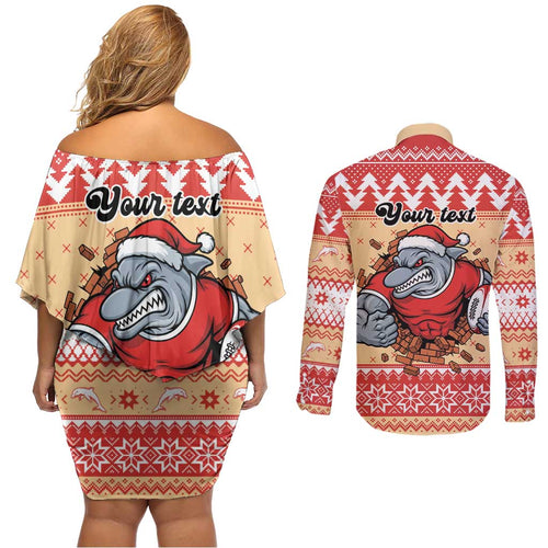 Redcliffe Strong Dolphins Personalised Couples Matching Off Shoulder Short Dress and Long Sleeve Button Shirt Christmas Rugby League Spirit - Aussie Hoodie