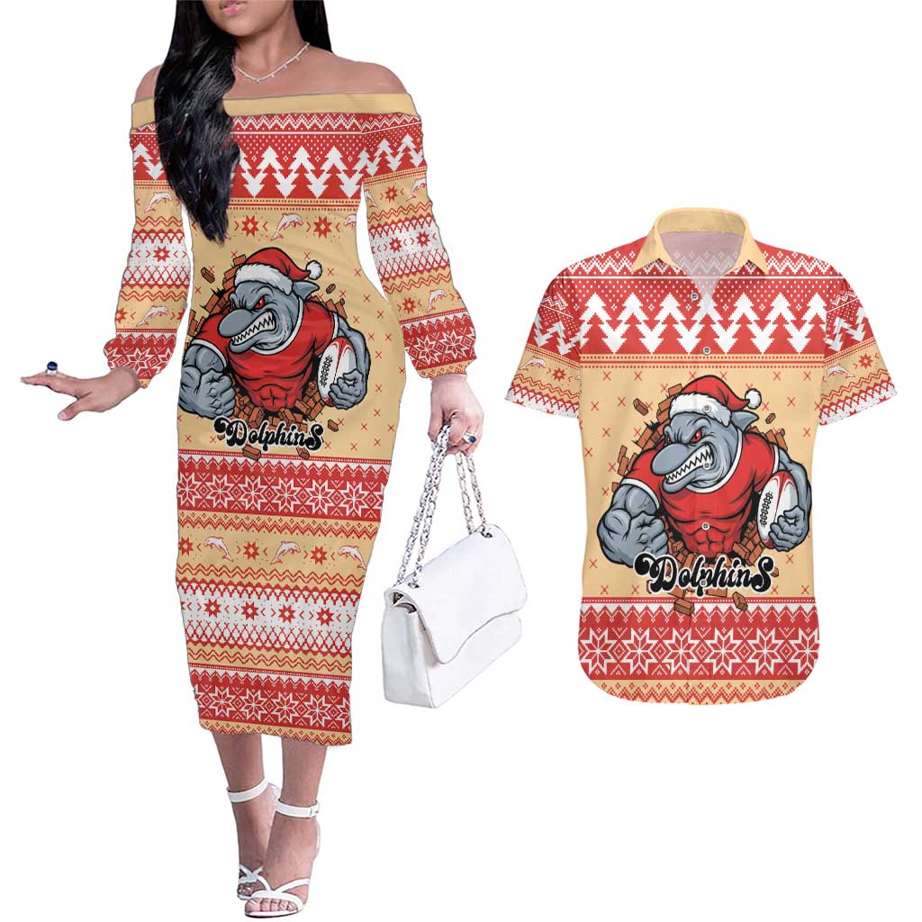 Redcliffe Strong Dolphins Personalised Couples Matching Off The Shoulder Long Sleeve Dress and Hawaiian Shirt Christmas Rugby League Spirit - Aussie Hoodie