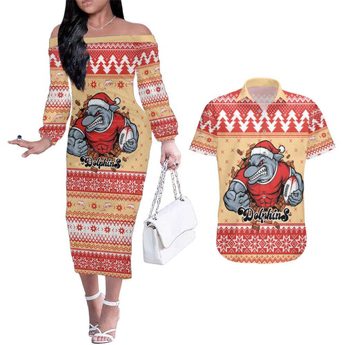 Redcliffe Strong Dolphins Personalised Couples Matching Off The Shoulder Long Sleeve Dress and Hawaiian Shirt Christmas Rugby League Spirit - Aussie Hoodie