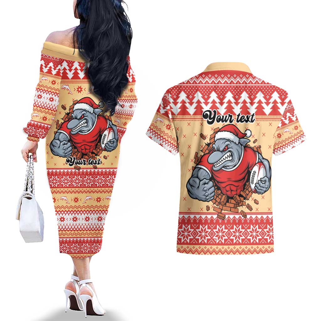 Redcliffe Strong Dolphins Personalised Couples Matching Off The Shoulder Long Sleeve Dress and Hawaiian Shirt Christmas Rugby League Spirit - Aussie Hoodie