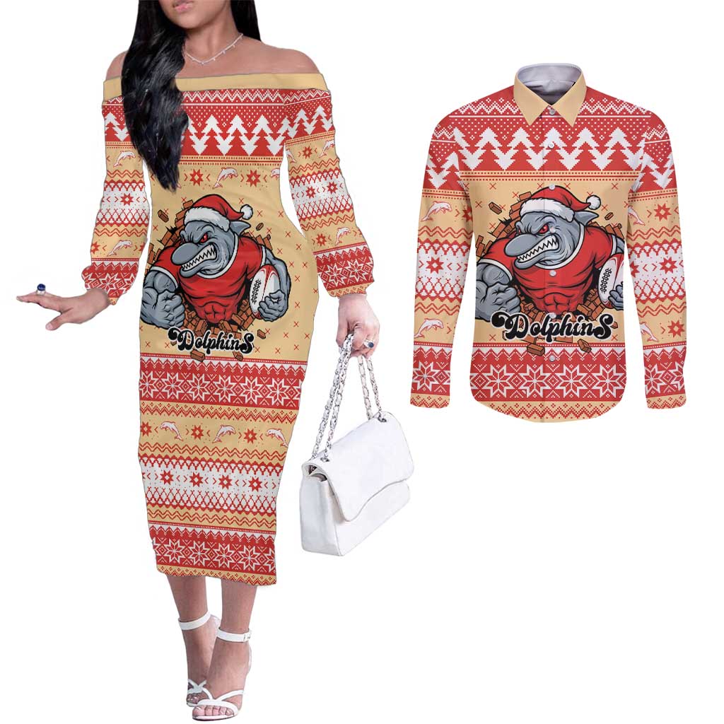 Redcliffe Strong Dolphins Personalised Couples Matching Off The Shoulder Long Sleeve Dress and Long Sleeve Button Shirt Christmas Rugby League Spirit - Aussie Hoodie