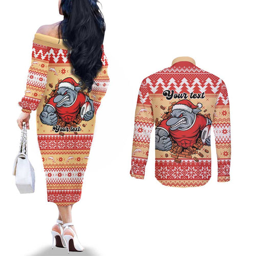 Redcliffe Strong Dolphins Personalised Couples Matching Off The Shoulder Long Sleeve Dress and Long Sleeve Button Shirt Christmas Rugby League Spirit - Aussie Hoodie