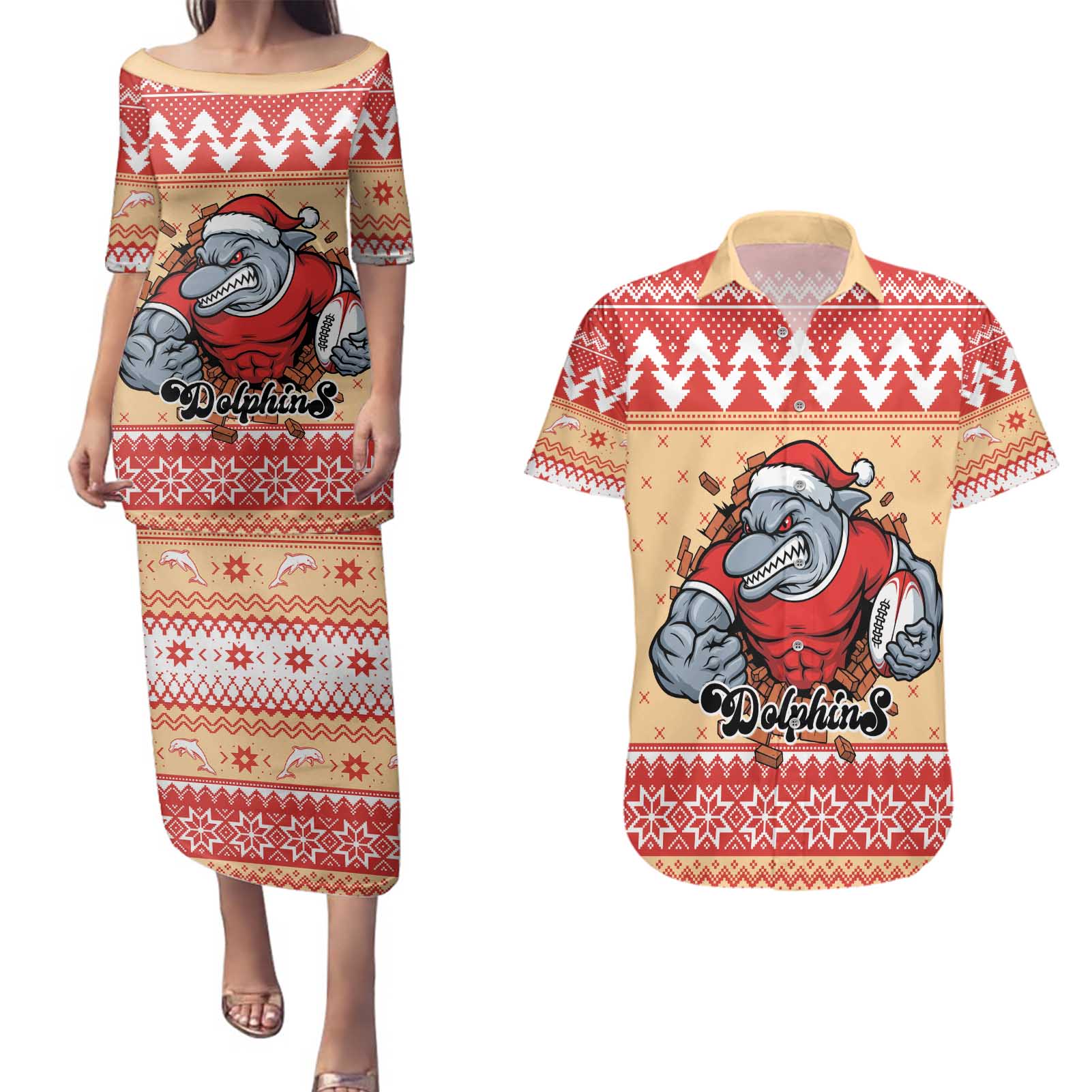 Redcliffe Strong Dolphins Personalised Couples Matching Puletasi and Hawaiian Shirt Christmas Rugby League Spirit - Aussie Hoodie