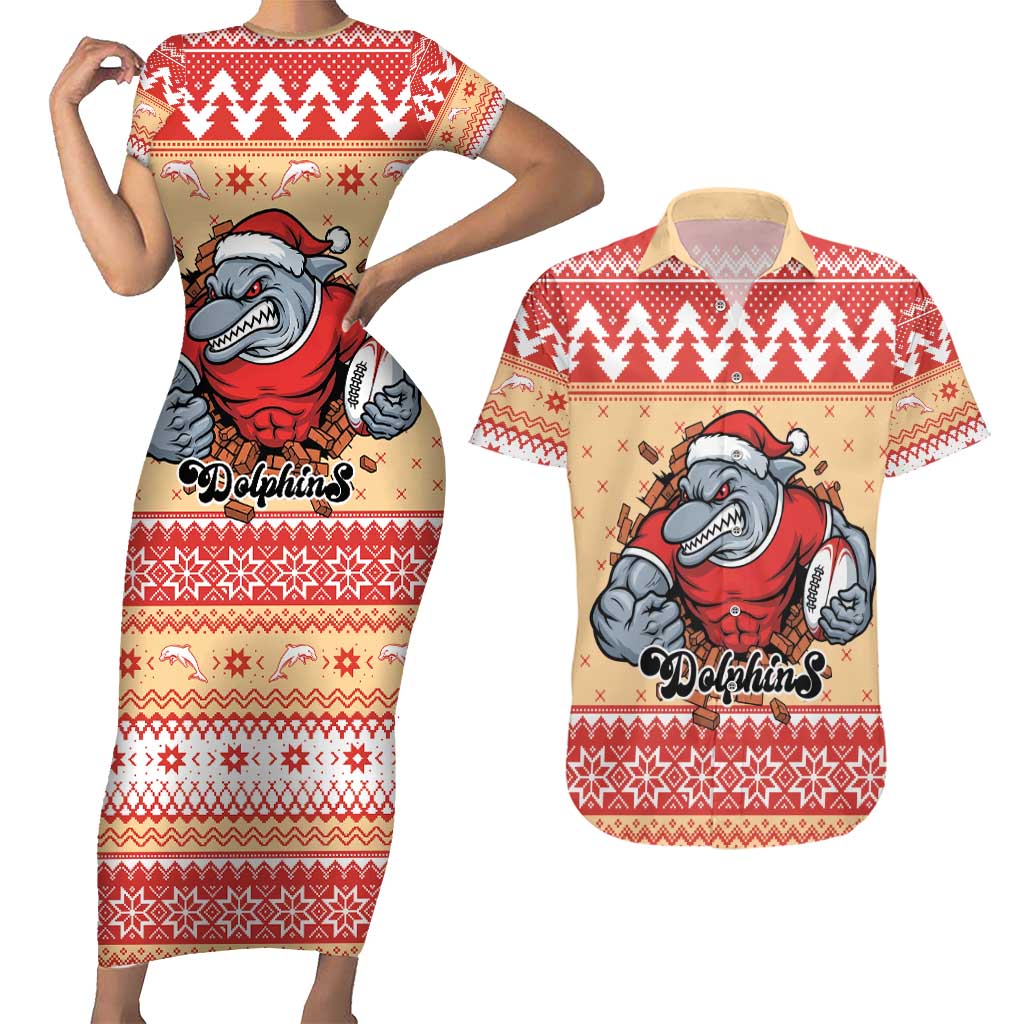 Redcliffe Strong Dolphins Personalised Couples Matching Short Sleeve Bodycon Dress and Hawaiian Shirt Christmas Rugby League Spirit - Aussie Hoodie