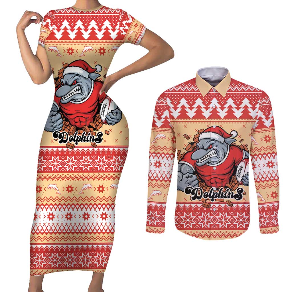 Redcliffe Strong Dolphins Personalised Couples Matching Short Sleeve Bodycon Dress and Long Sleeve Button Shirt Christmas Rugby League Spirit - Aussie Hoodie