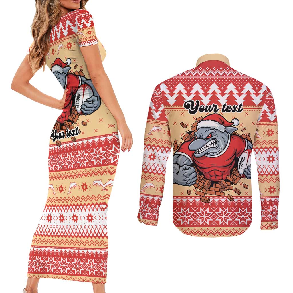 Redcliffe Strong Dolphins Personalised Couples Matching Short Sleeve Bodycon Dress and Long Sleeve Button Shirt Christmas Rugby League Spirit - Aussie Hoodie