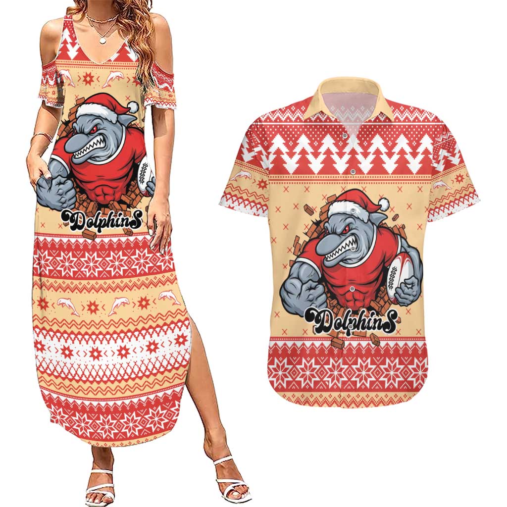 Redcliffe Strong Dolphins Personalised Couples Matching Summer Maxi Dress and Hawaiian Shirt Christmas Rugby League Spirit - Aussie Hoodie