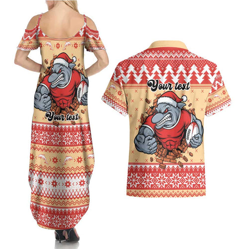 Redcliffe Strong Dolphins Personalised Couples Matching Summer Maxi Dress and Hawaiian Shirt Christmas Rugby League Spirit - Aussie Hoodie