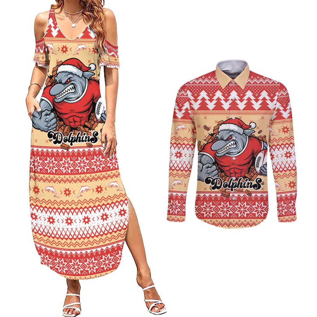 Redcliffe Strong Dolphins Personalised Couples Matching Summer Maxi Dress and Long Sleeve Button Shirt Christmas Rugby League Spirit - Aussie Hoodie
