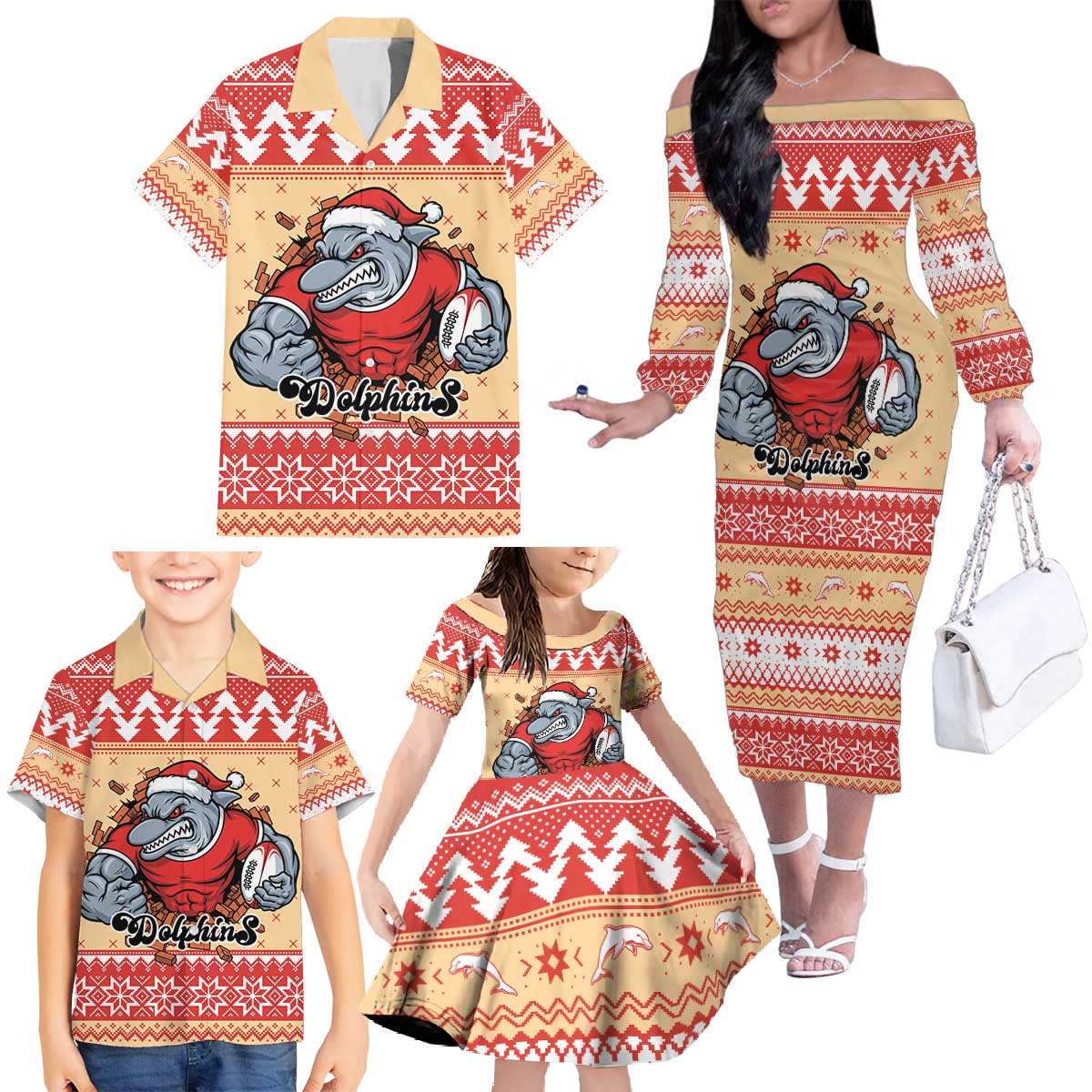 Redcliffe Strong Dolphins Personalised Family Matching Off The Shoulder Long Sleeve Dress and Hawaiian Shirt Christmas Rugby League Spirit - Aussie Hoodie