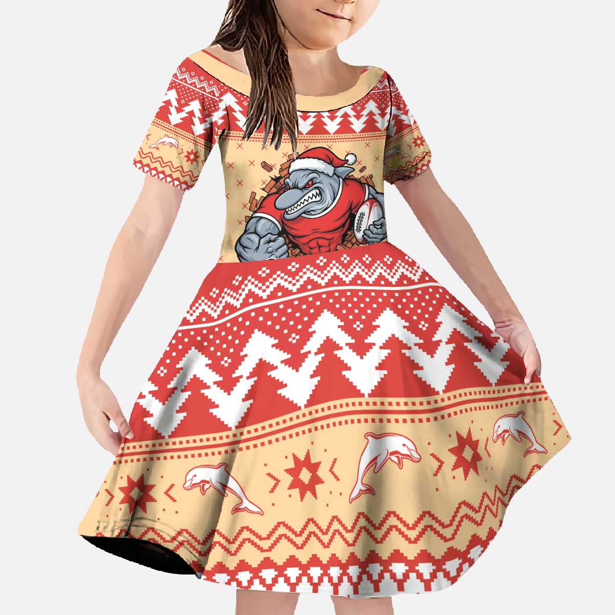 Redcliffe Strong Dolphins Personalised Family Matching Off The Shoulder Long Sleeve Dress and Hawaiian Shirt Christmas Rugby League Spirit - Aussie Hoodie