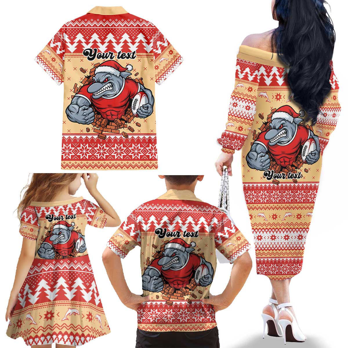 Redcliffe Strong Dolphins Personalised Family Matching Off The Shoulder Long Sleeve Dress and Hawaiian Shirt Christmas Rugby League Spirit - Aussie Hoodie