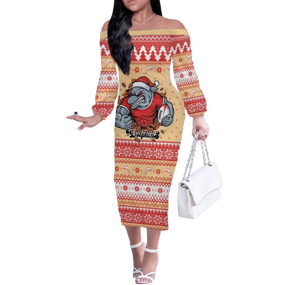 Redcliffe Strong Dolphins Personalised Family Matching Off The Shoulder Long Sleeve Dress and Hawaiian Shirt Christmas Rugby League Spirit - Aussie Hoodie