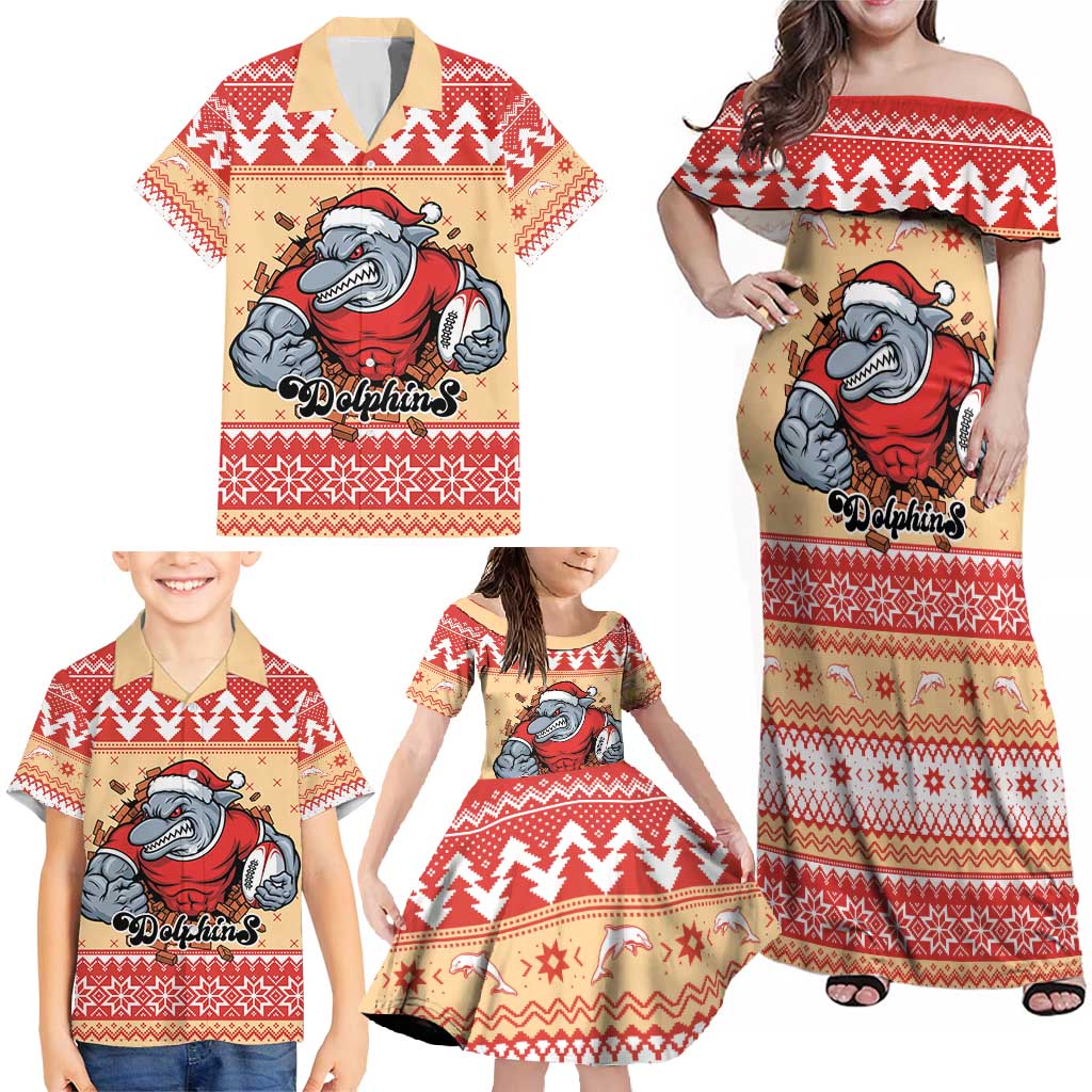 Redcliffe Strong Dolphins Personalised Family Matching Off Shoulder Maxi Dress and Hawaiian Shirt Christmas Rugby League Spirit - Aussie Hoodie