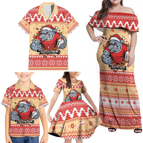 Redcliffe Strong Dolphins Personalised Family Matching Off Shoulder Maxi Dress and Hawaiian Shirt Christmas Rugby League Spirit - Aussie Hoodie
