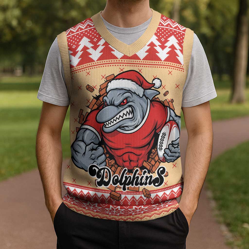 Redcliffe Strong Dolphins Personalised Christmas Knitted V-Neck Vest Christmas Rugby League Spirit - Aussie Hoodie