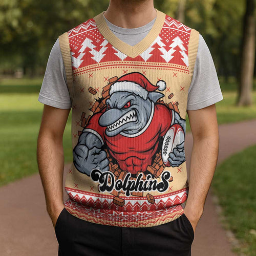 Redcliffe Strong Dolphins Personalised Christmas Knitted V-Neck Vest Christmas Rugby League Spirit - Aussie Hoodie