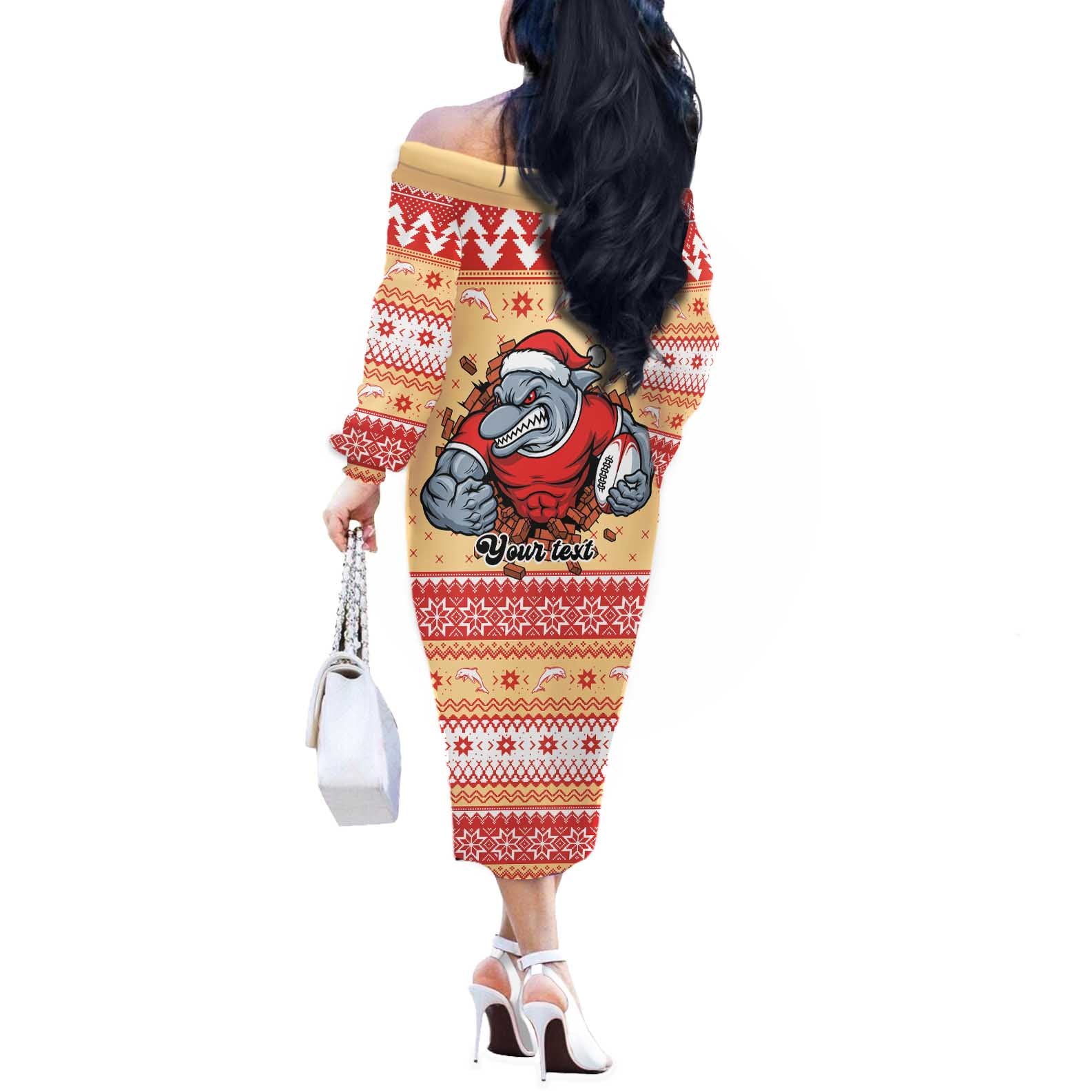 Redcliffe Strong Dolphins Personalised Off The Shoulder Long Sleeve Dress Christmas Rugby League Spirit - Aussie Hoodie