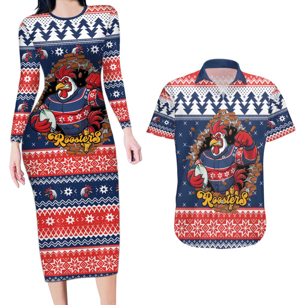 Roosters Xmas Glory Personalised Couples Matching Long Sleeve Bodycon Dress and Hawaiian Shirt Christmas Rugby League Spirit - Aussie Hoodie