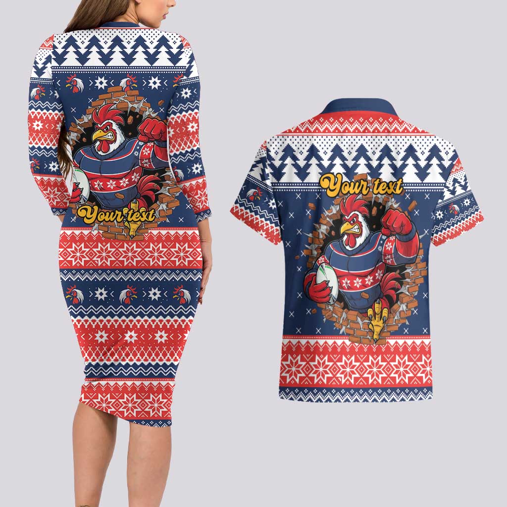 Roosters Xmas Glory Personalised Couples Matching Long Sleeve Bodycon Dress and Hawaiian Shirt Christmas Rugby League Spirit - Aussie Hoodie