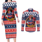 Roosters Xmas Glory Personalised Couples Matching Long Sleeve Bodycon Dress and Long Sleeve Button Shirt Christmas Rugby League Spirit - Aussie Hoodie