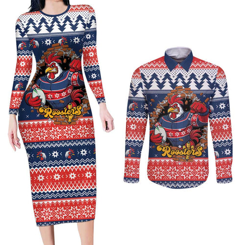 Roosters Xmas Glory Personalised Couples Matching Long Sleeve Bodycon Dress and Long Sleeve Button Shirt Christmas Rugby League Spirit - Aussie Hoodie