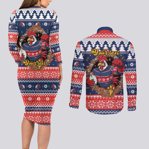 Roosters Xmas Glory Personalised Couples Matching Long Sleeve Bodycon Dress and Long Sleeve Button Shirt Christmas Rugby League Spirit - Aussie Hoodie